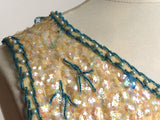 Circa 1960s Hong-Kong Wool Sequin and Beaded Cream and Blue Shell Sweater - D & L  Vintage 