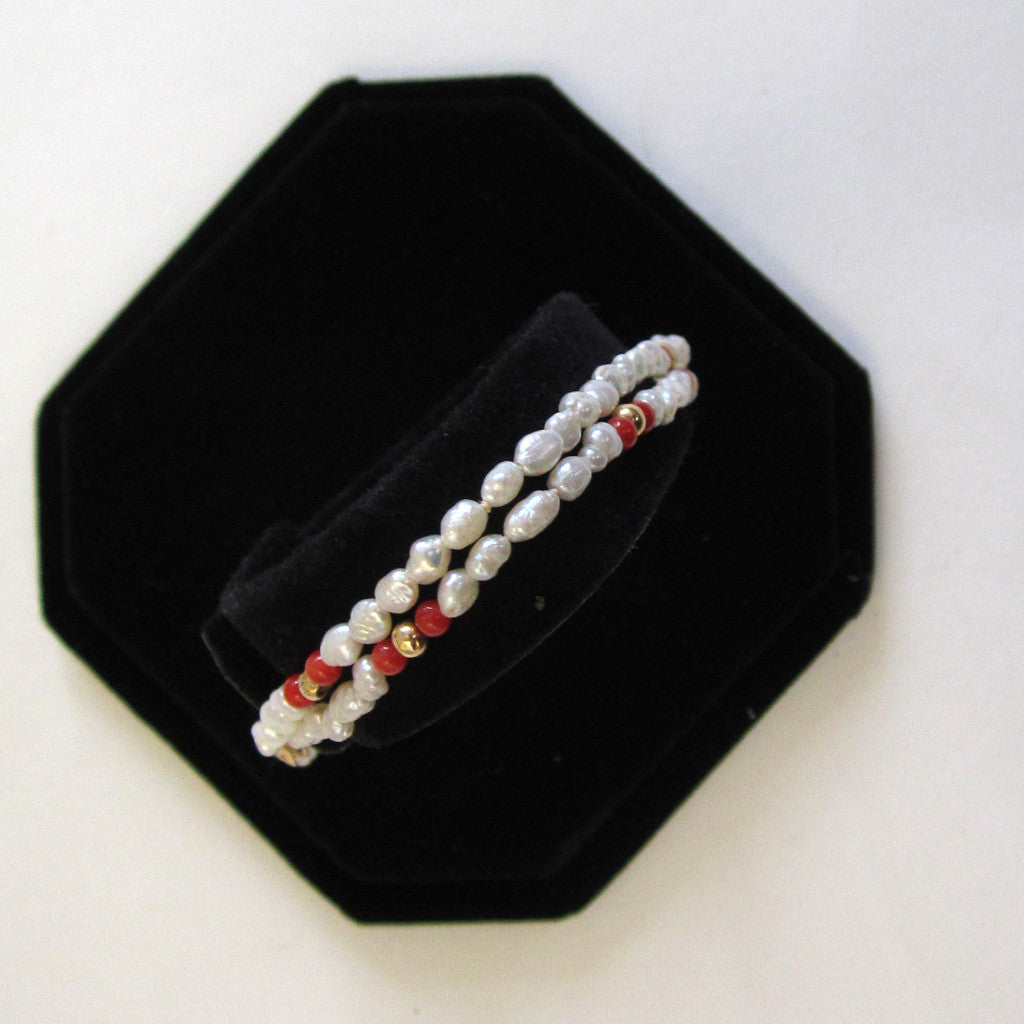 14K Double-Strand Freshwater Rice Pearl and Coral Bracelet