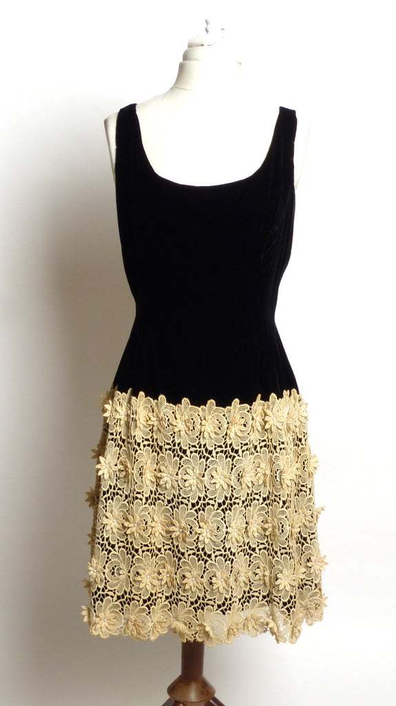 Circa 1950 Black Silk Velvet Dress with Crocheted Skirt
