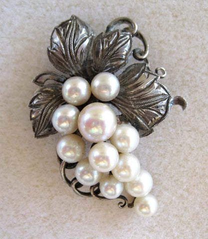 Circa 1950s Sterling Silver and Cultured Pearl Grapes Brooch/Pin - D & L  Vintage 
