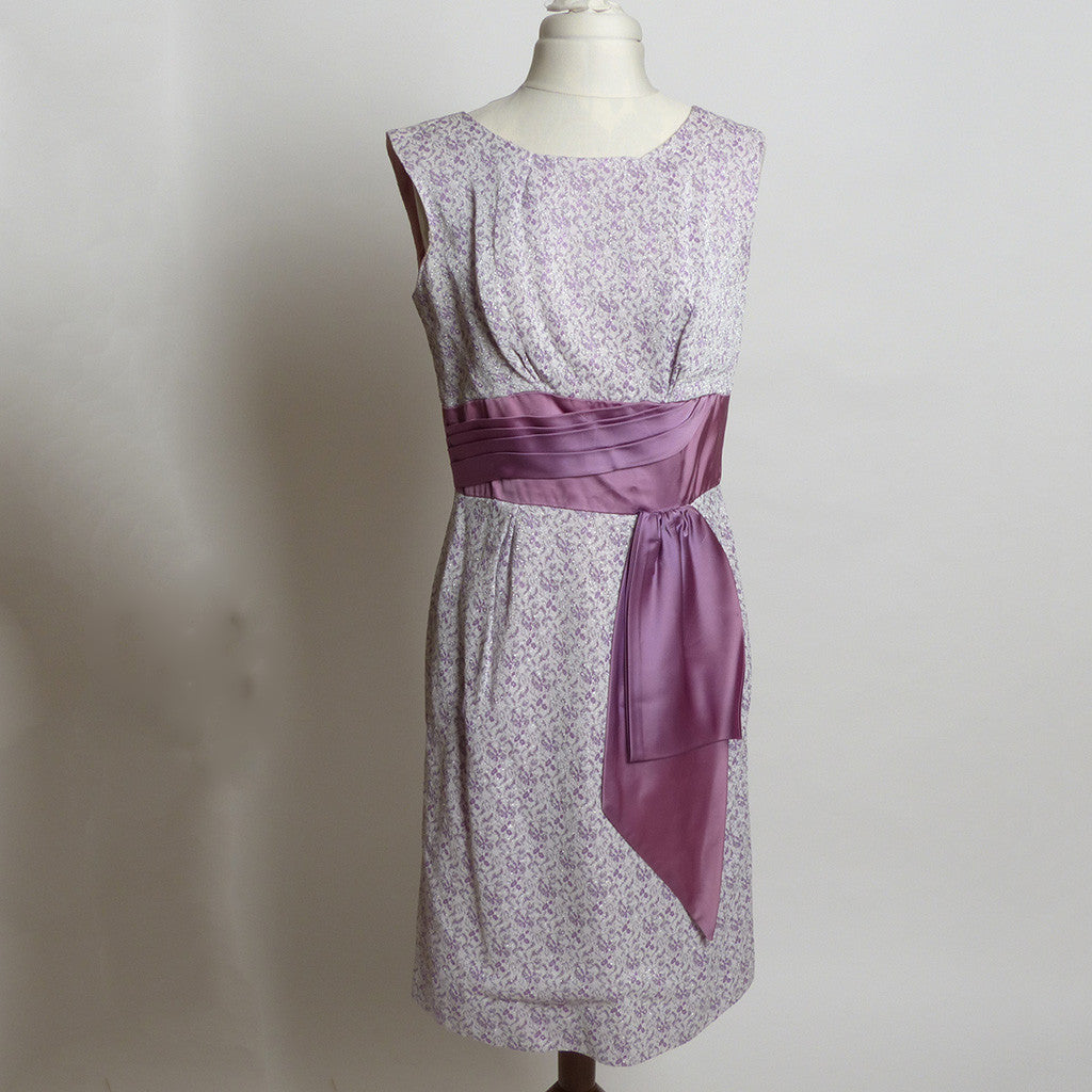 Circa 1950s Lavender and Cream Knit Floral Brocade Dress with Silver Accents