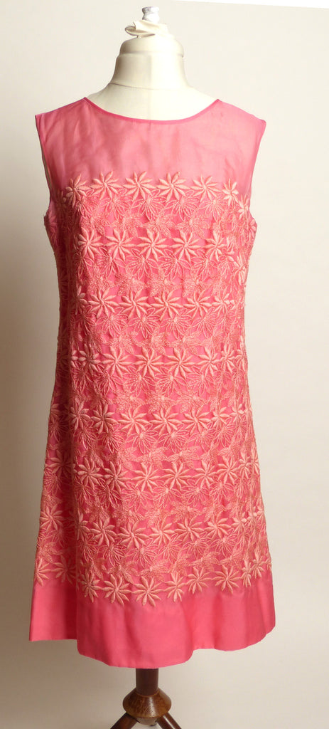 Circa 1960s Pink Embroidered Floral Sheath Dress
