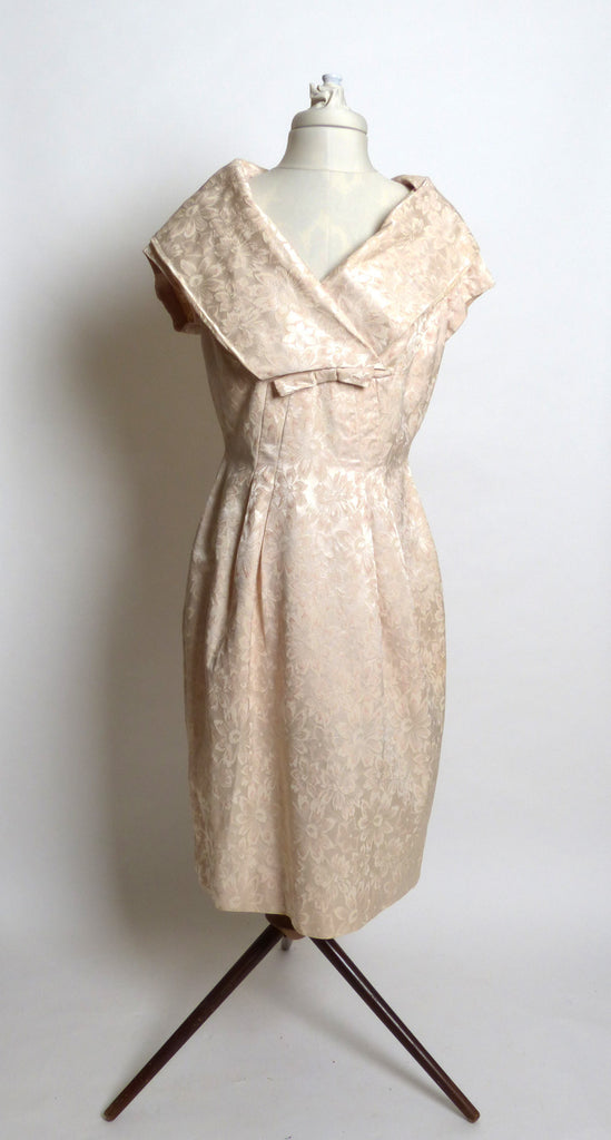 Circa 1950s Cream Brocade Shawl-Collared Dress