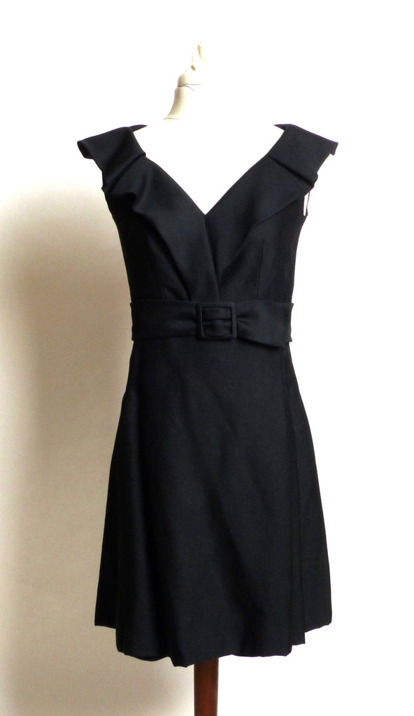 Circa 1960s Black Pleated Shawl-Collared Dress