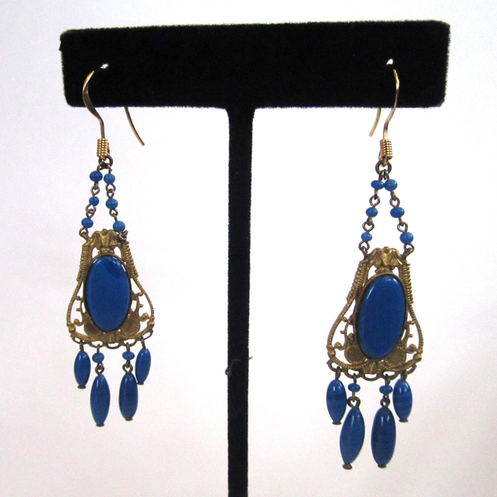 Art Deco Brass and Blue Glass Earrings