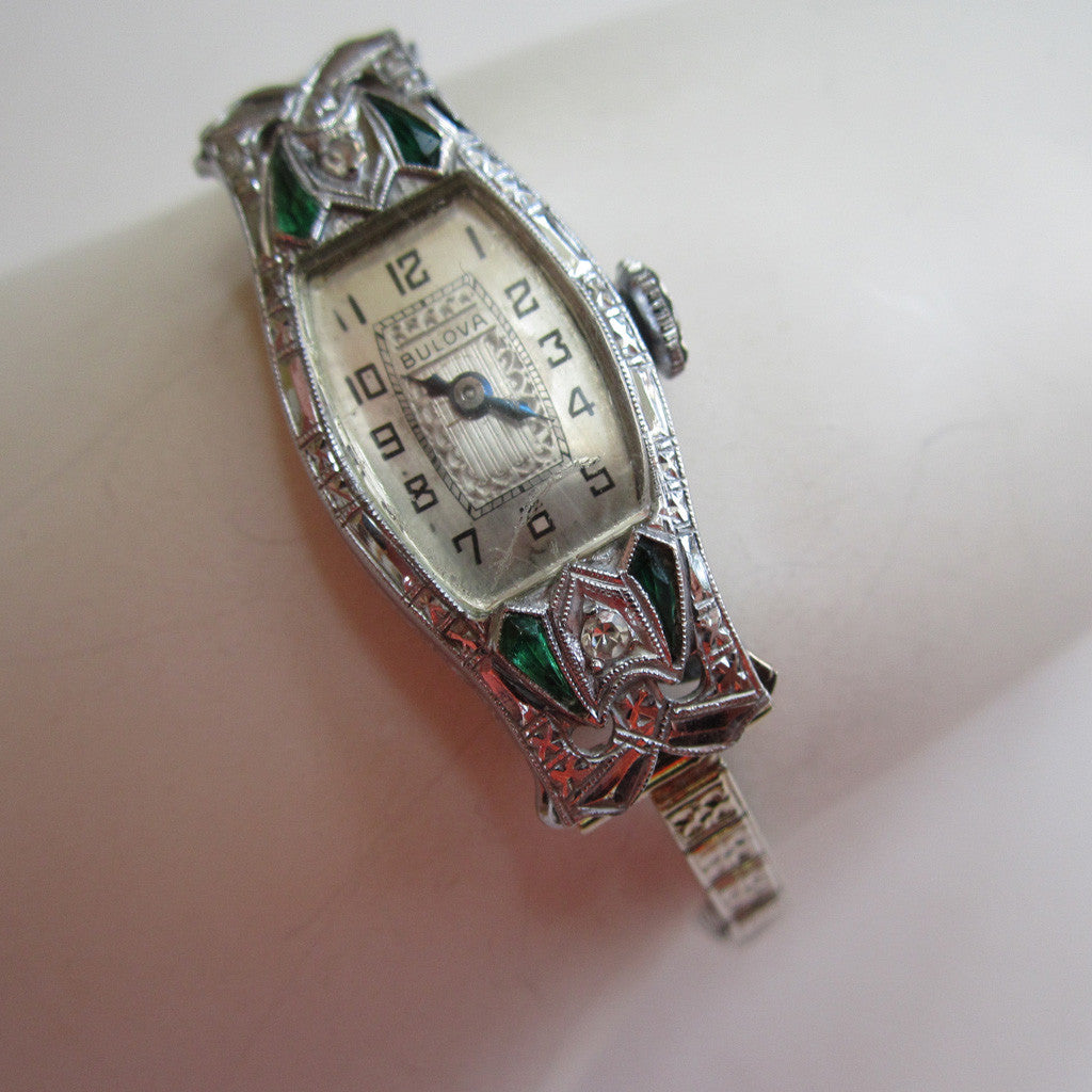 Art Deco Bulova 14K White Gold Diamond and Emerald Watch