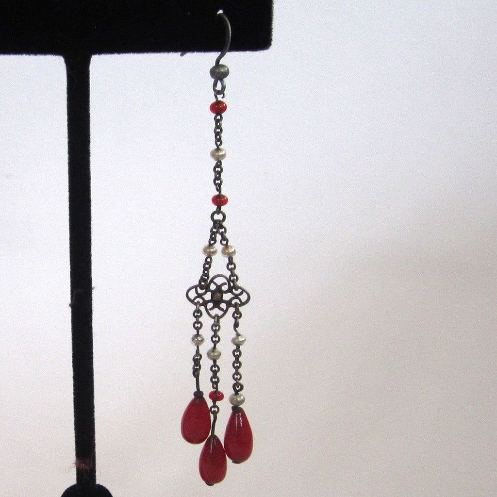 Art Deco Sterling Silver Red Glass & Faux Pearl Earrings