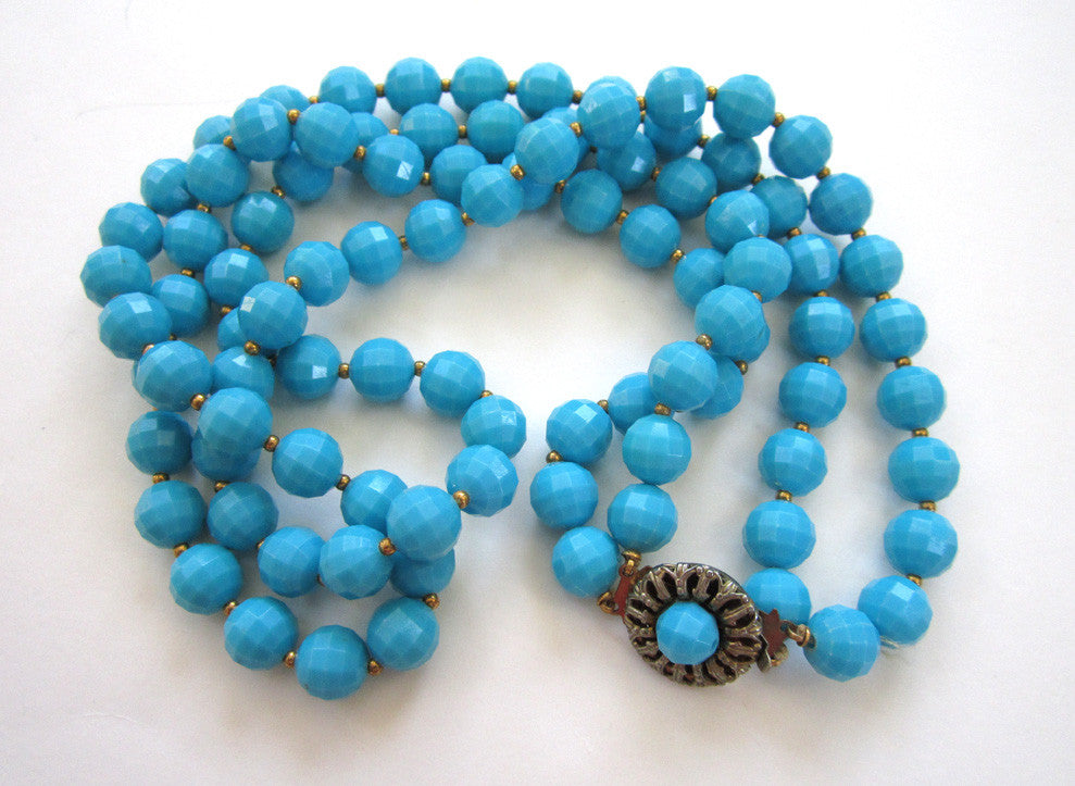 Double Strand Blue Plastic Faceted Bead Necklace