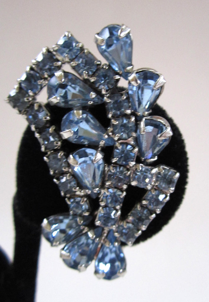 Circa 1950s Blue Rhinestone Fan Earrings