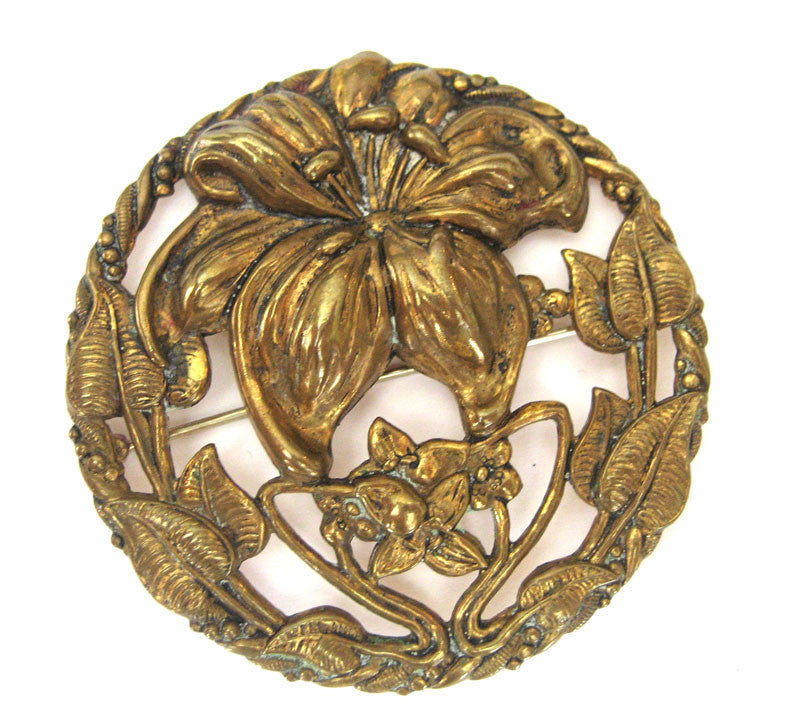 Brass Circular Lily Brooch/Pin - D & L  Vintage 