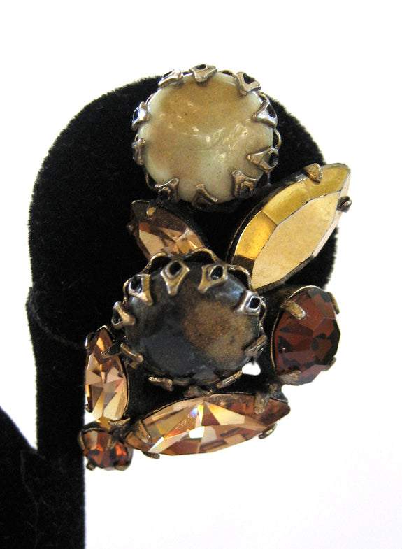 Regency Brown Art Glass and Rhinestone Earrings - D & L  Vintage 