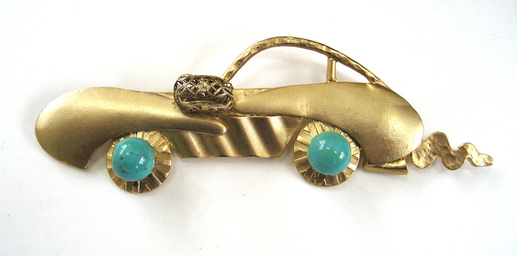 Brushed Gold-Tone Race Car Brooch/Pin