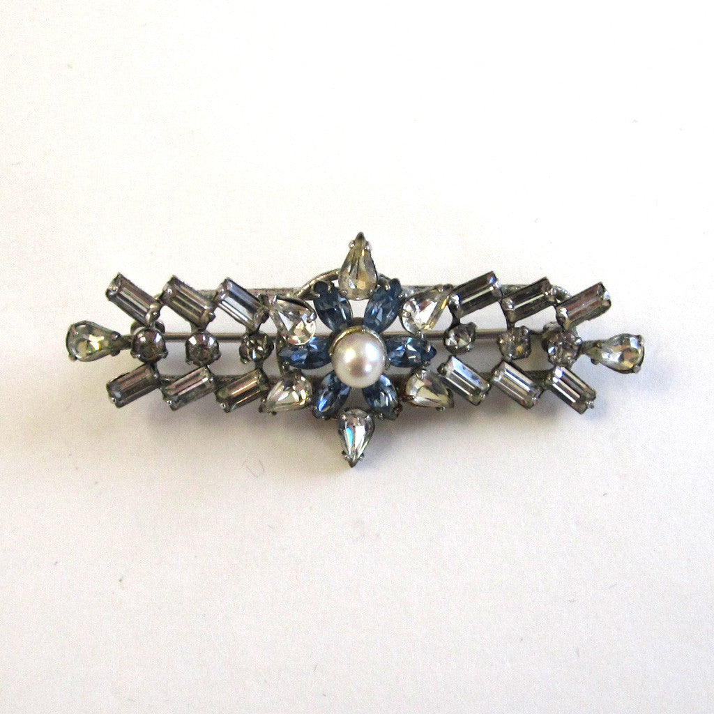 Carl Art Sterling Silver Floral Blue and Clear Rhinestone Cultured Pearl Bar Brooch/Pin - D & L  Vintage 