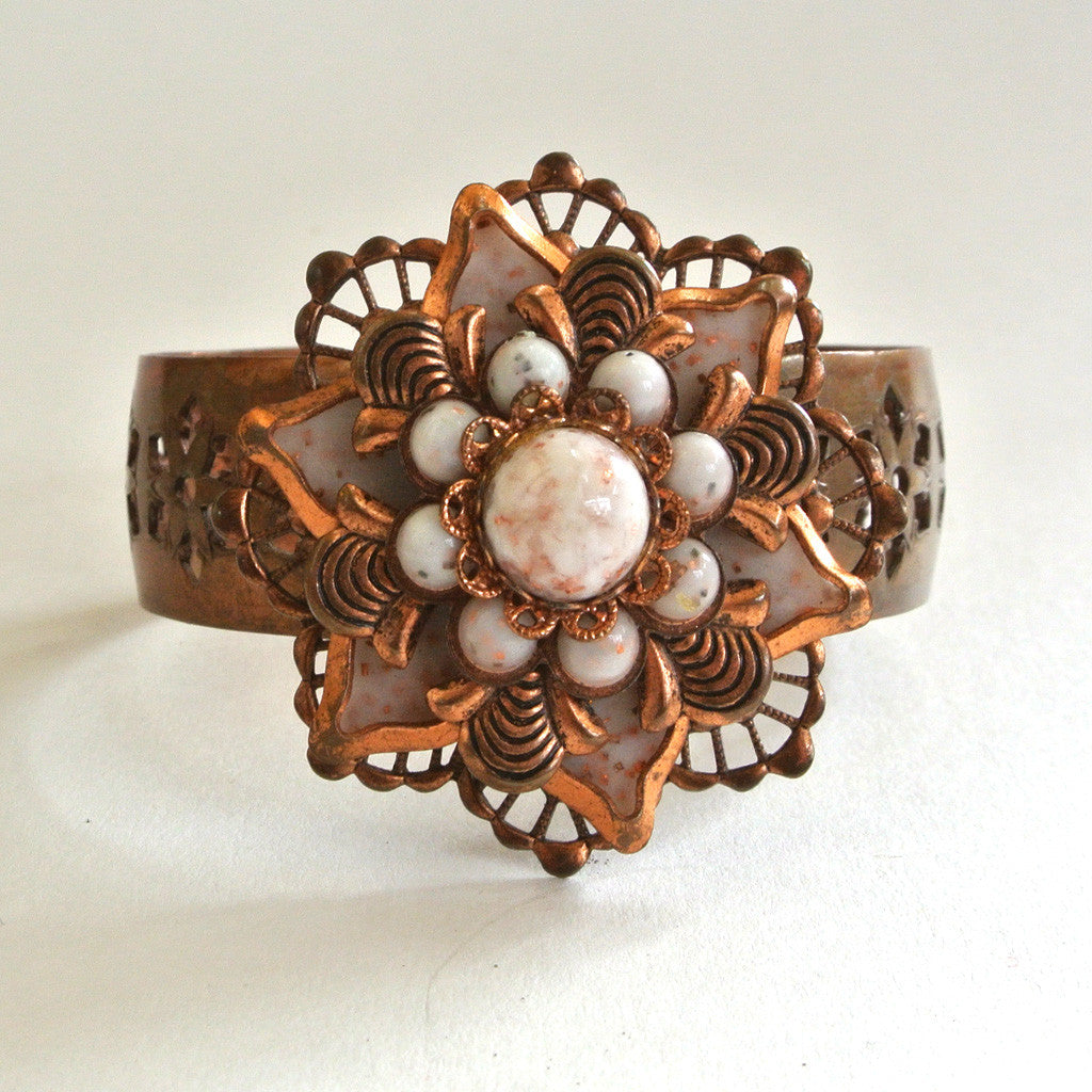Copper and Glass Bead Floral Cuff Bracelet
