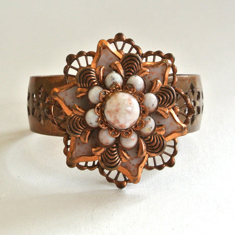Copper and Glass Bead Floral Cuff Bracelet - D & L  Vintage 