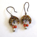 Victorian Half-Moon Filigree Coral and Faux Pearl Earrings - D & L  Vintage 