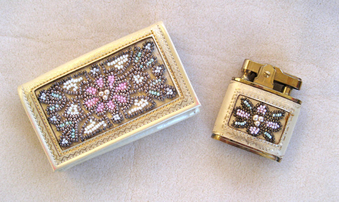 French Daniel Entre Nous Leather and Bead Key Case and Lighter Set