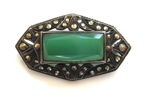 935 Silver Green Onyx Marcasite Brooch/Pin - D & L  Vintage 