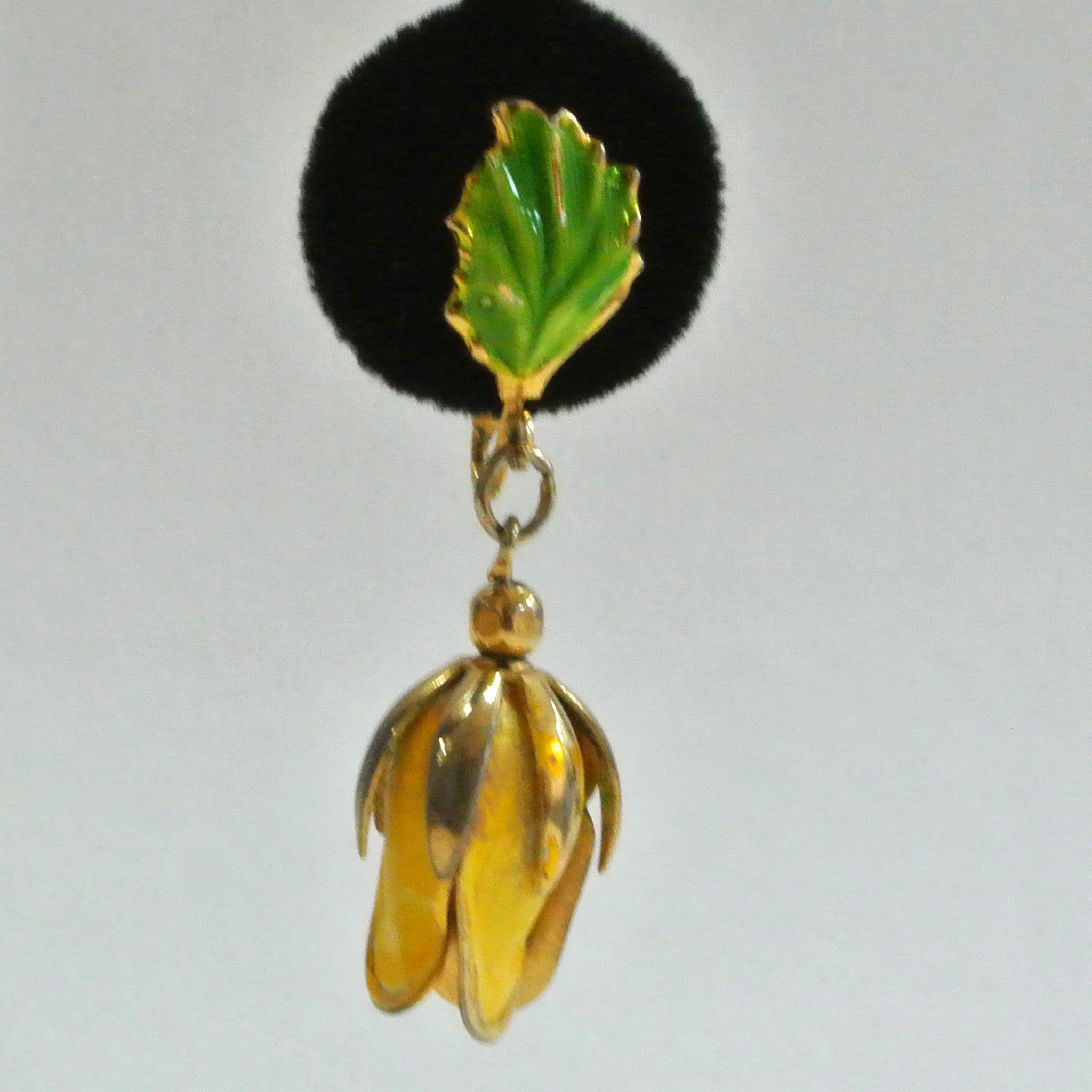 Gold-tone Yellow Enamel Tropical Flower Earrings - D & L  Vintage 