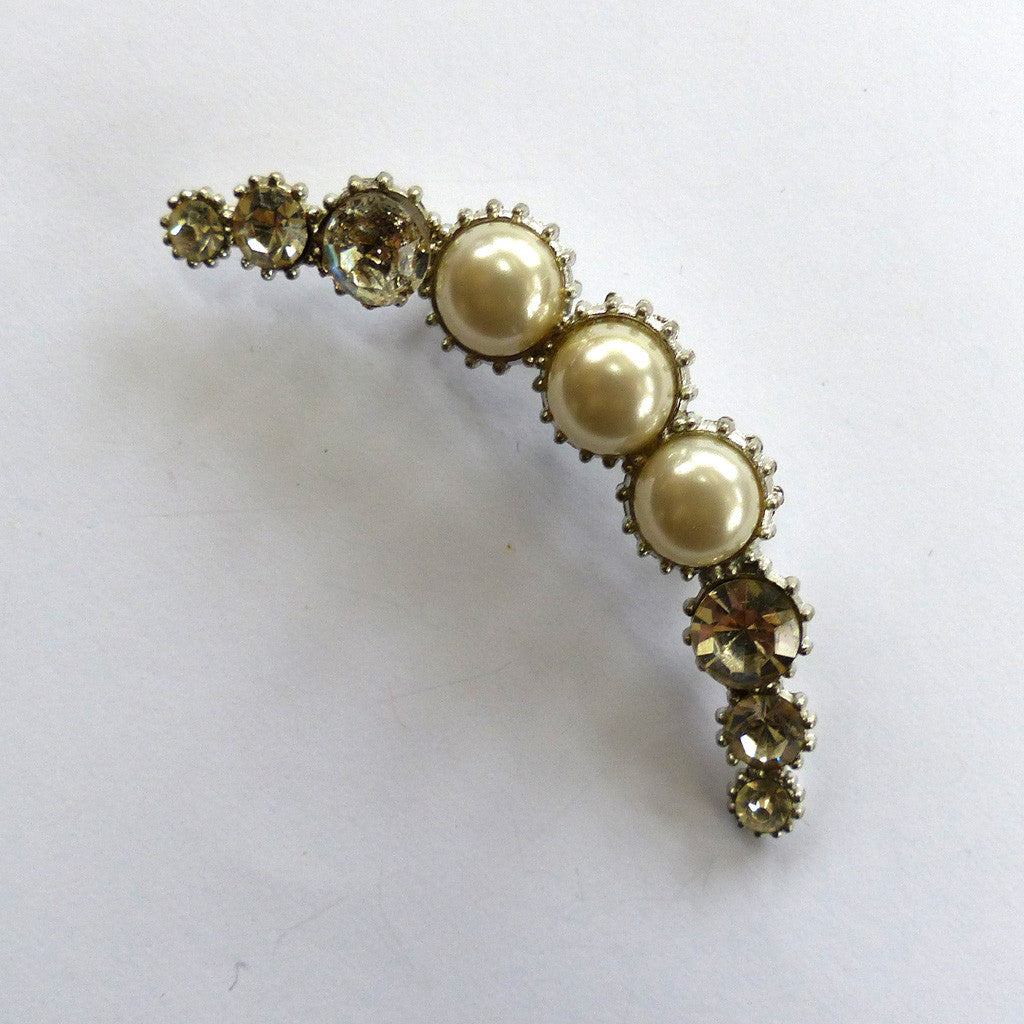 Silver-Tone Crescent Moon Faux Pearl and Rhinestone Brooch/Pin