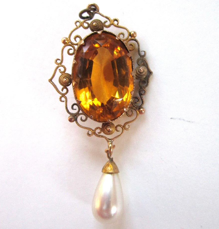 Filigree Glass Gold Rhinestone with Faux Pearl Drop Pendant - D & L  Vintage 