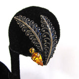 Circa 1970s Silver-tone Feather Earrings with Gold Rhinestones - D & L  Vintage 