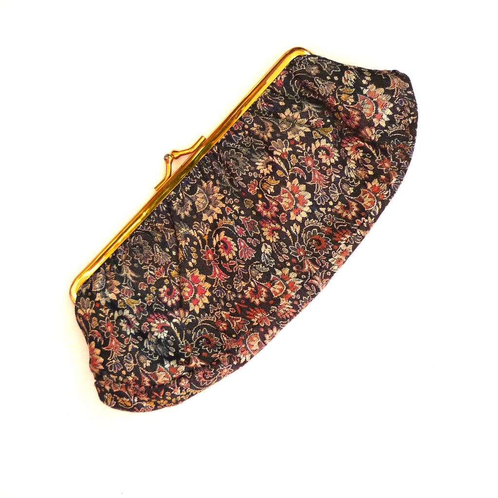 Black Floral Silk Purse/Clutch with Leather Interior