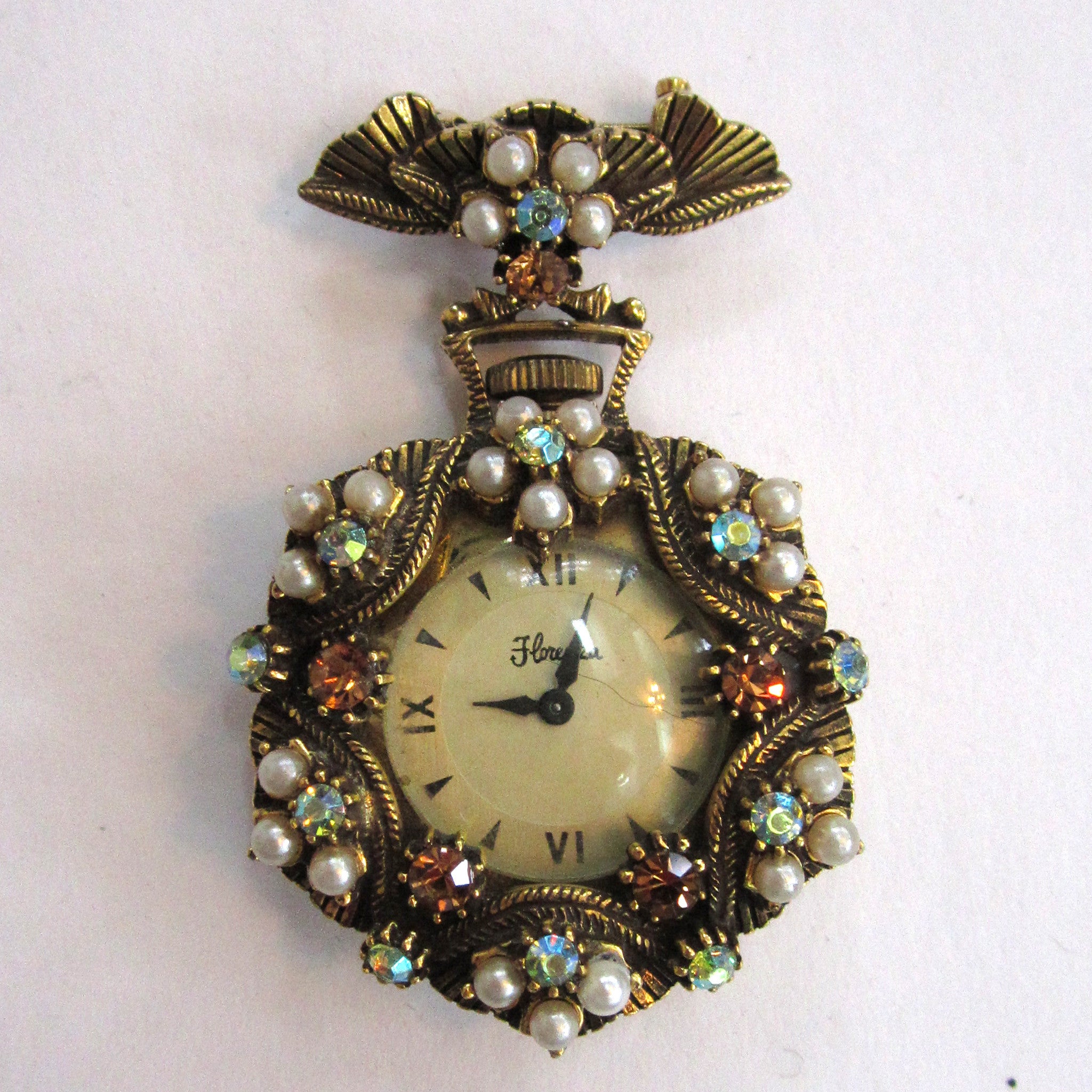 Brass Florenza Watch Pin/Brooch with Faux Pearls and Rhinestones - D & L  Vintage 
