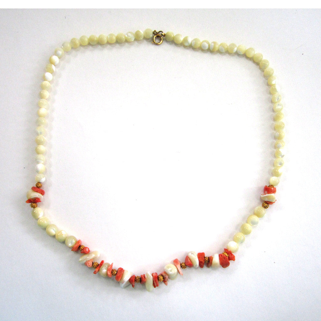 Gold-Tone Polished Stone and Coral Bead Necklace