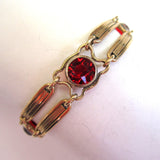 Sterling Silver Vermeil 1/20 12K Gold Red Glass Double Bar Bracelet - D & L  Vintage 