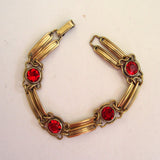 Sterling Silver Vermeil 1/20 12K Gold Red Glass Double Bar Bracelet - D & L  Vintage 