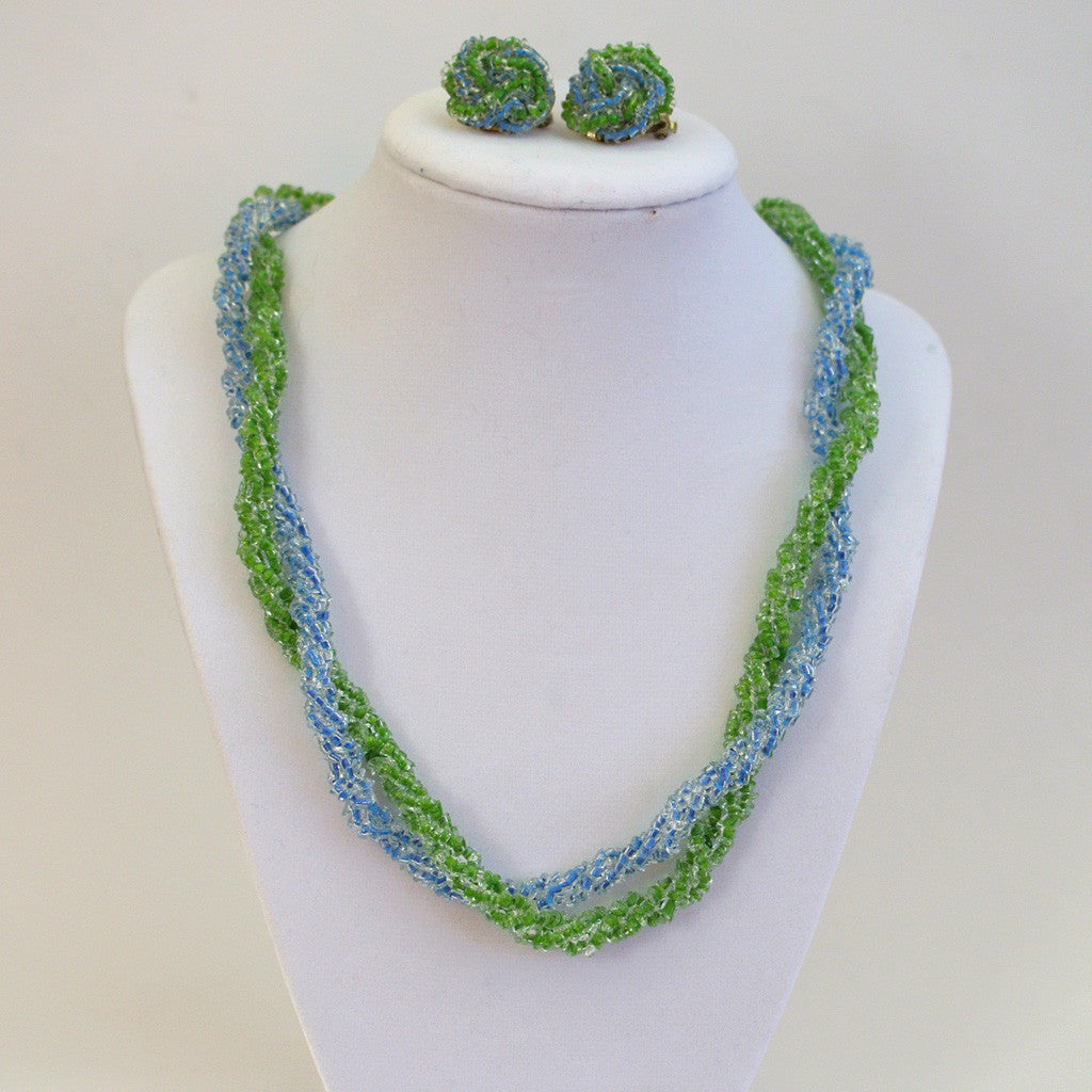 Japanese-Made Blue and Green Seed Bead Demi-Parure: Necklace/Earrings