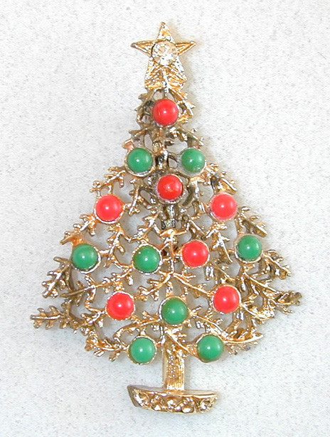 Coral and Green Gold-Tone Christmas Tree Brooch/Pin
