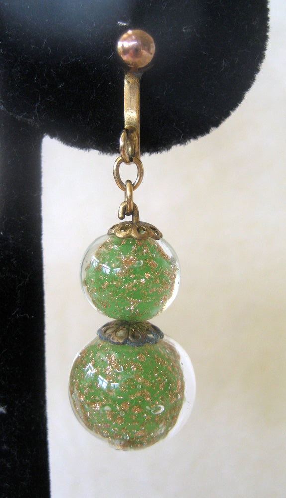 Art Deco Green and Gold Colored Glass Ball Drop Earrings