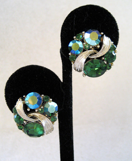Circa 1950s Lisner Silver Tone Green Rhinestone Earrings - D & L  Vintage 