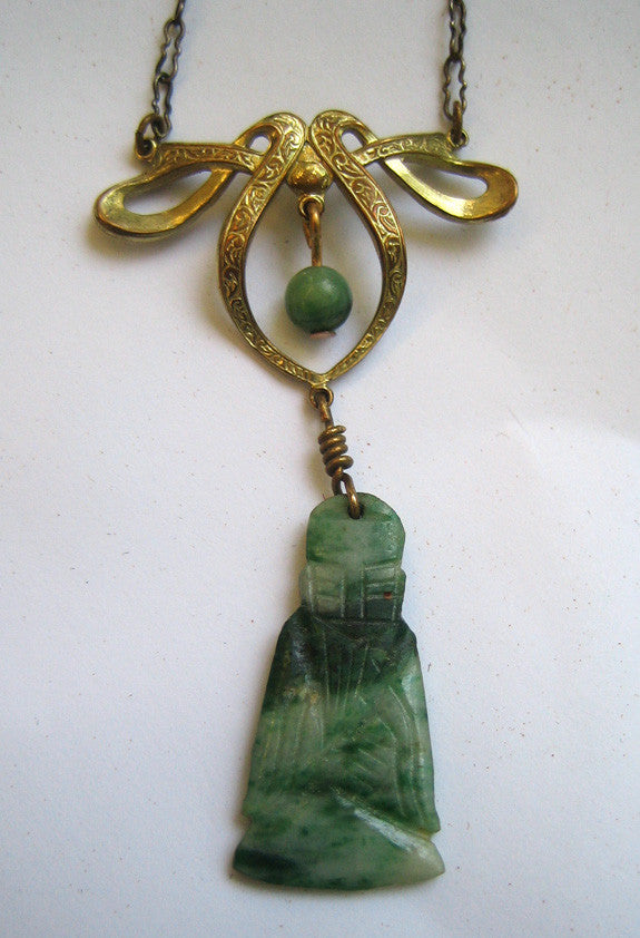 Art Deco Bow and Jade Buddha Necklace/Pendant