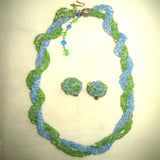 Japanese-Made Blue and Green Seed Bead Demi-Parure: Necklace/Earrings - D & L  Vintage 