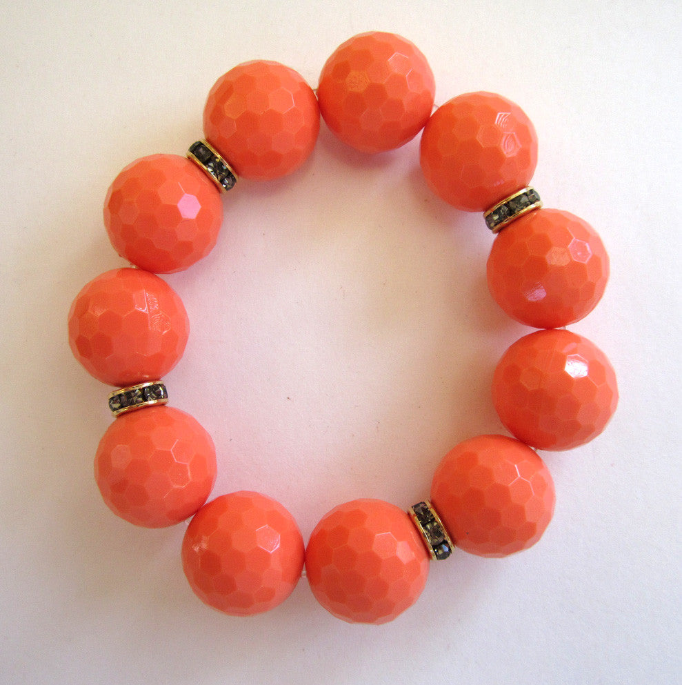 Large Orange Plastic Bead and Rhinestone Stretch Bracelet - D & L  Vintage 