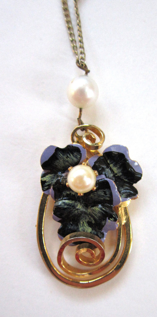 Floral Enamel Cultured Pearl Pansy Pendant