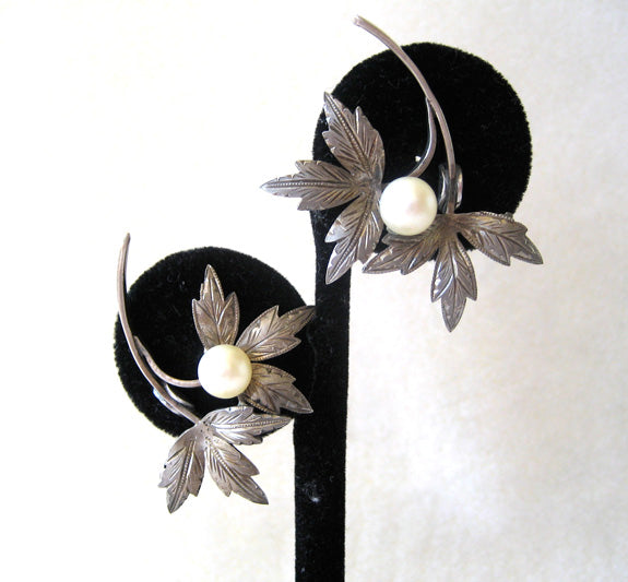 Circa 1950s Sterling Silver and Pearl Leaf Earrings - D & L  Vintage 