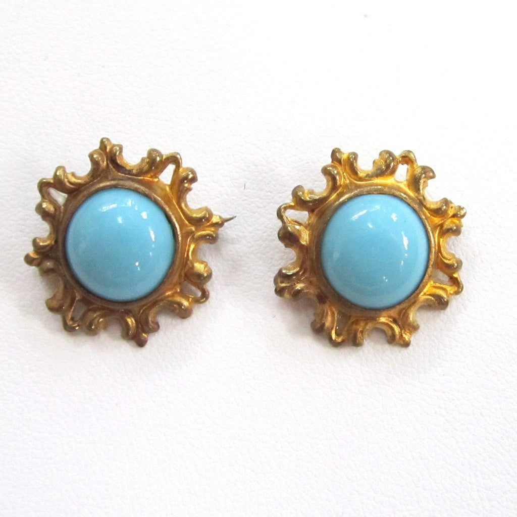Matching Circa 1900 Gilt Blue Glass Brooches/Pins - D & L  Vintage 