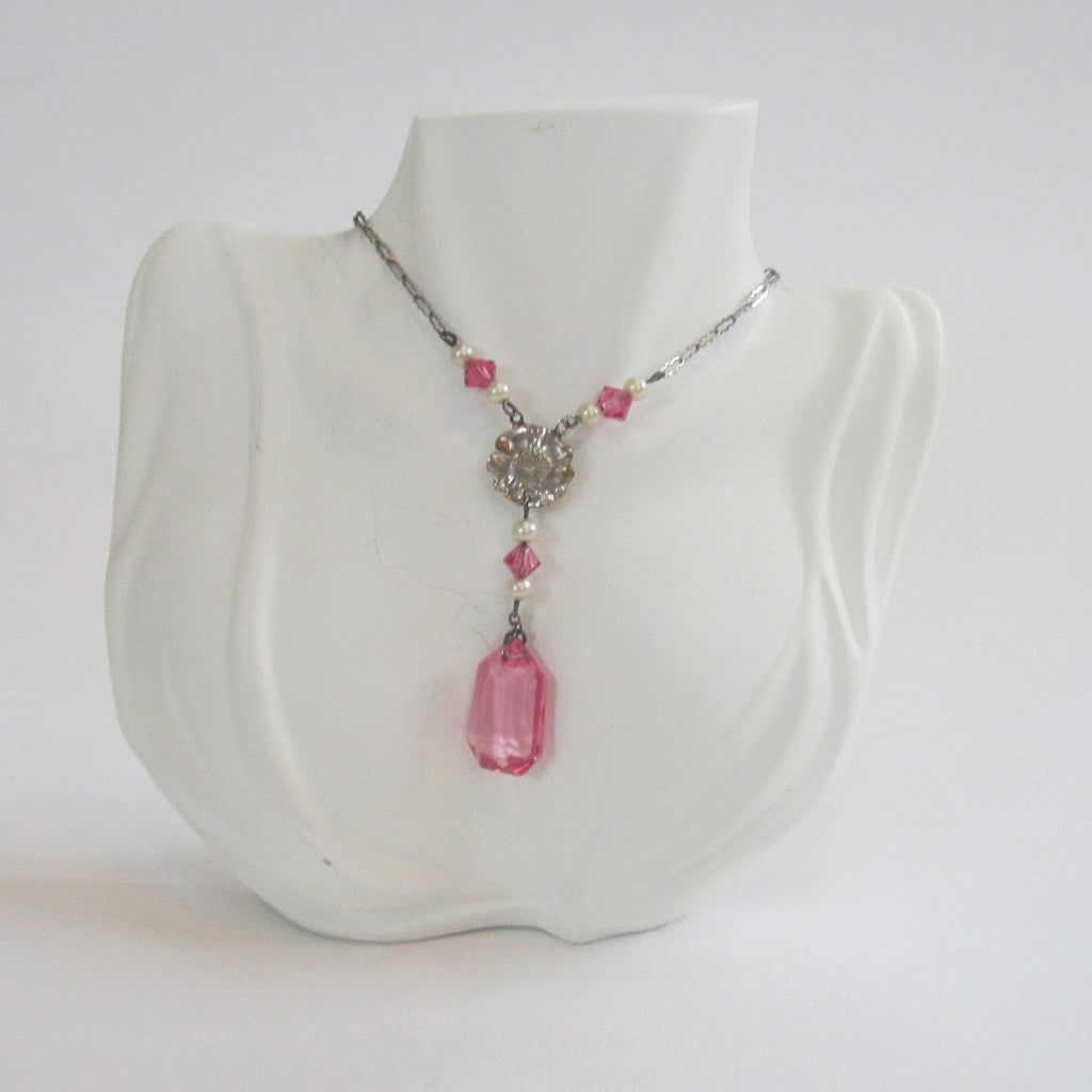 Art Deco Pink Glass Faux Pearl Floral Pendant