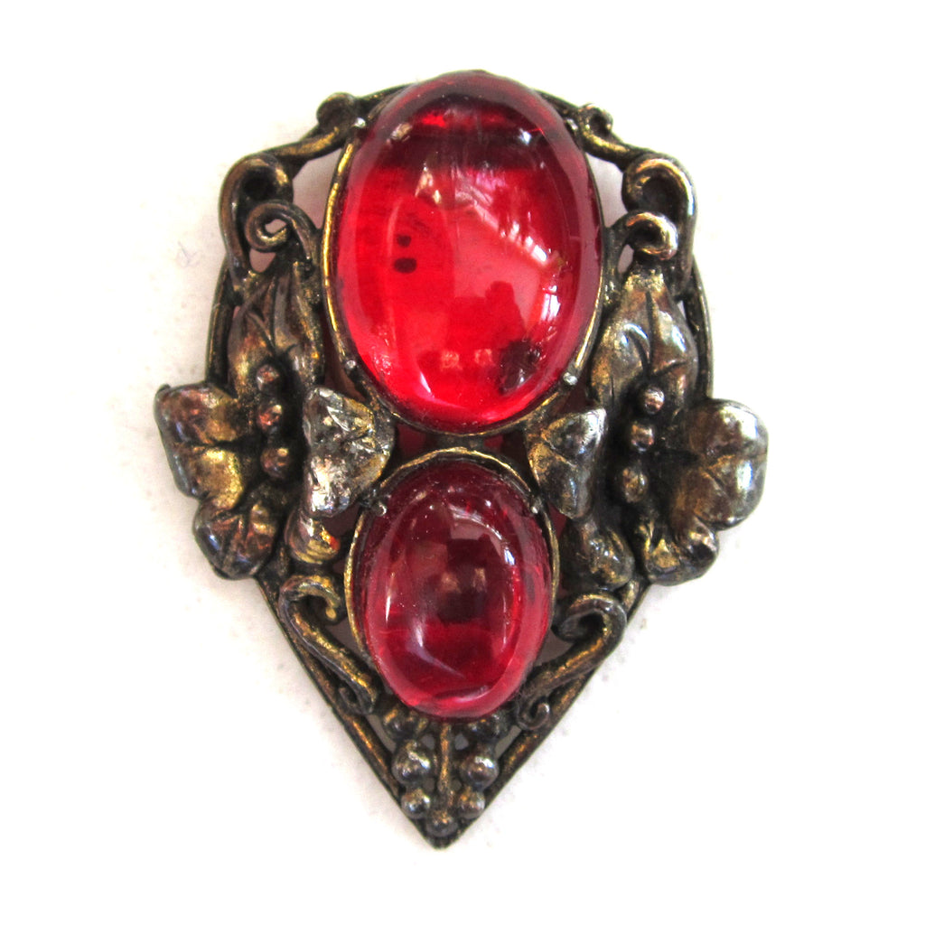 Silver-Tone Floral Red Glass Cabochon Dress Clip