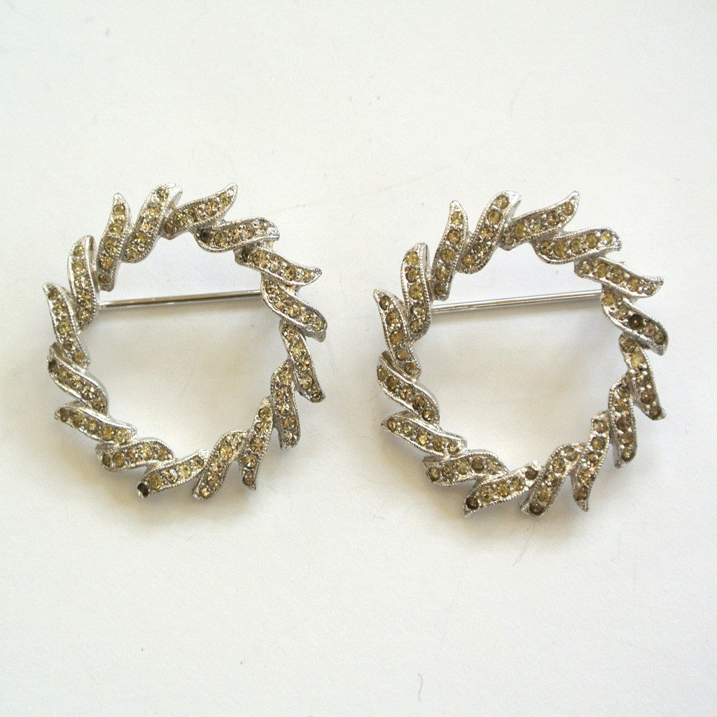Unsigned Matching Rhinestone Wreath Brooches/Pins