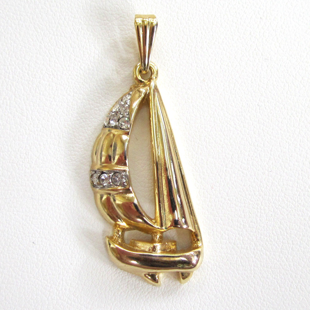 Gold-Tone Rhinestone Sailboat Pendant/Necklace