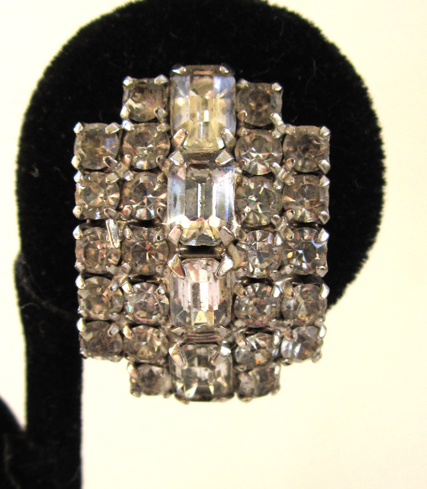 Circa 1950s Kramer Curved Rhinestone Sparkling Clip-back Earrings