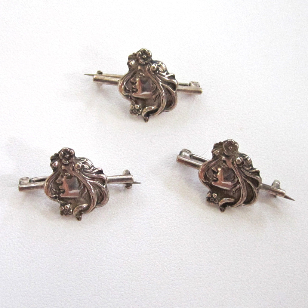 Three Sterling Art Nouveau Matching Lady Pins