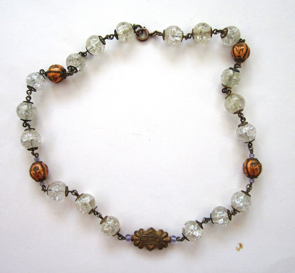 Circa 1900 Gilt Crackled Crystal and Enameled Bead Necklace - D & L  Vintage 