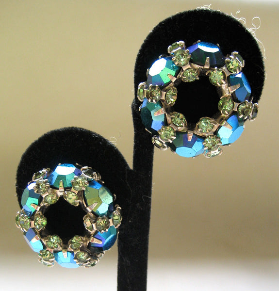 Warner Teal Aurora Borealis Rhinestone Wreath Earrings - D & L  Vintage 