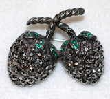 Weiss Silvertone Marcasite and Green Rhinestone Berry Demi Parure :Brooch/Pin/Earrings - D & L  Vintage 